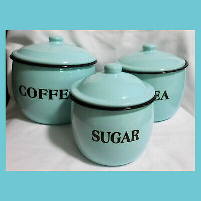 NEW Enamel Ware Mint or Lt Blue with Black Trim Set 3 Canisters Coffee Tea Sugar