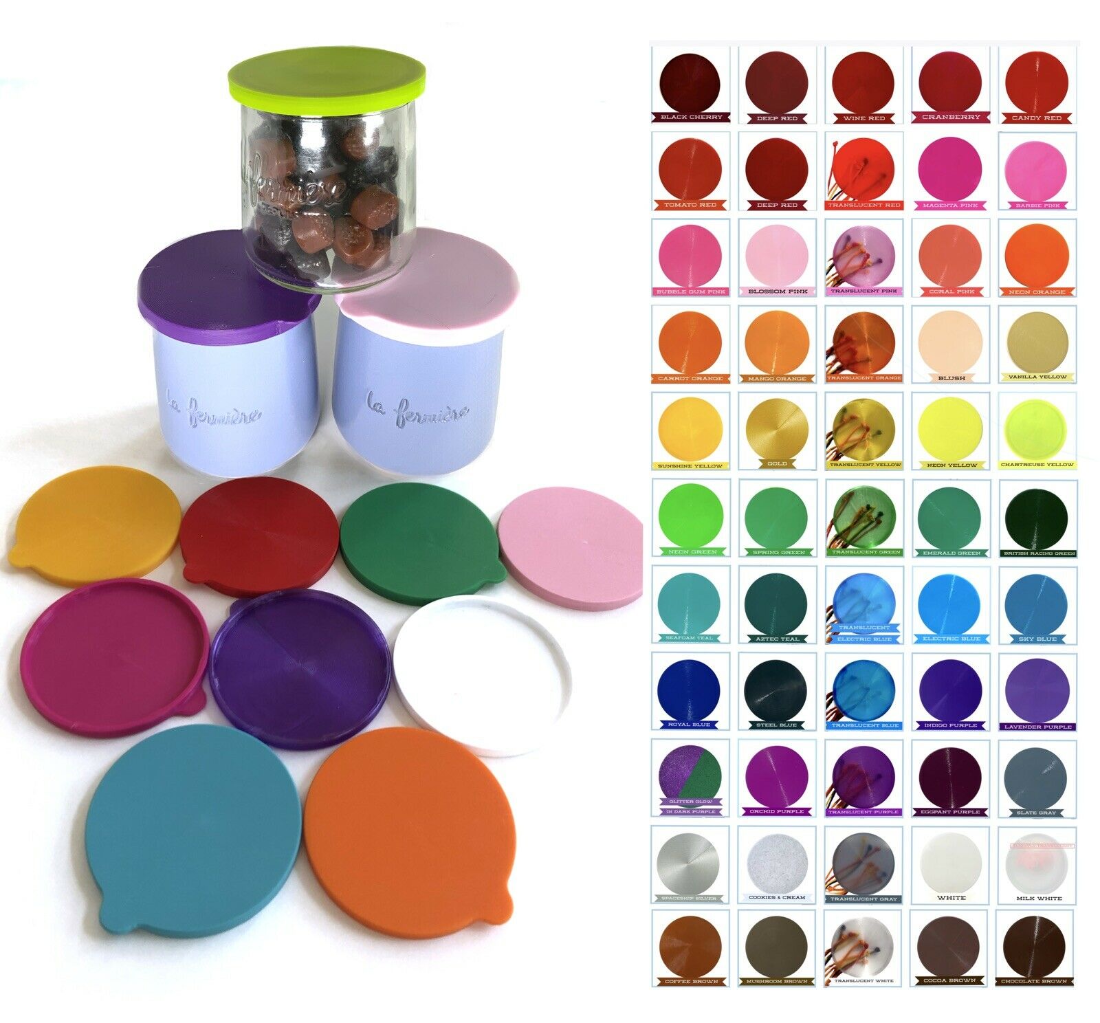 LA FERMIERE Yogurt jar lids WITHOUT TABS --   Pick Your Colors -  ❤️  68 Colors