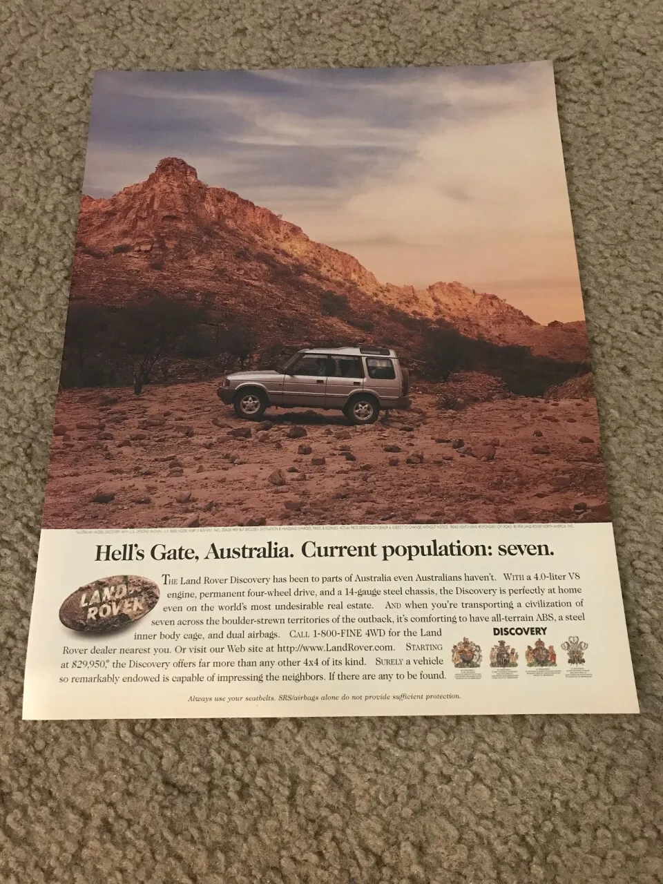 Vintage 1996 Land Rover Discovery Car Print Ad 1990s "hell' Gate Australia"