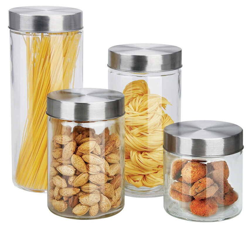 4 Piece Glass Canister Set With Stainless Steel Lids