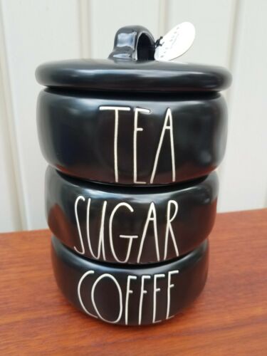 Rae Dunn Magenta Black Coffee Tea Sugar Stackable Canister Set Displayed Unused