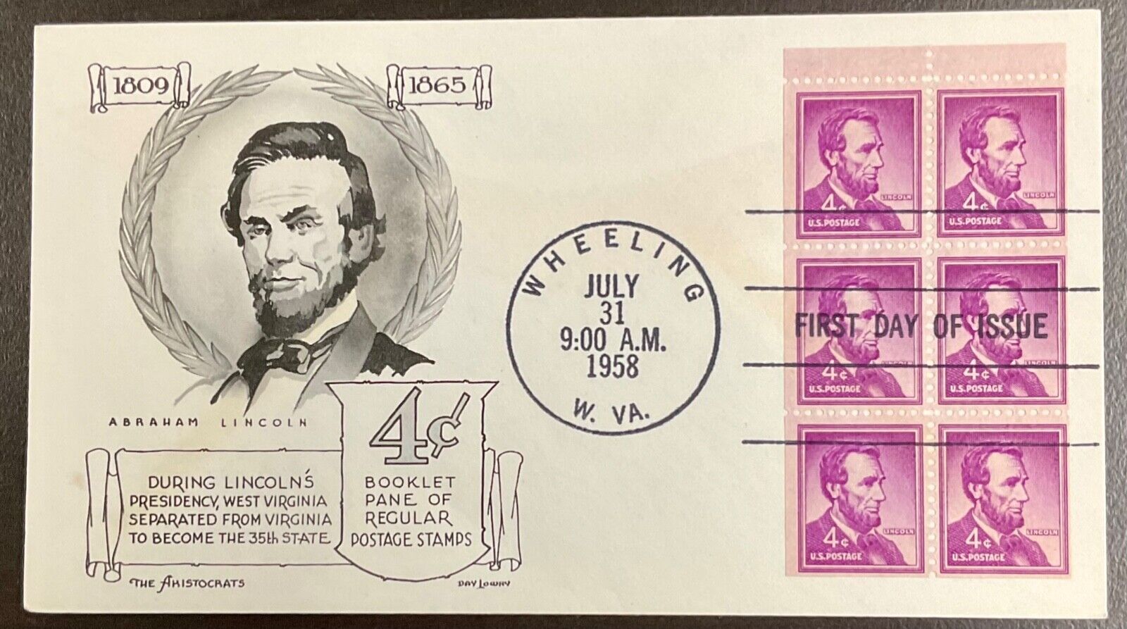 1036a Aristocrats & Day Lowry Cachet Abraham Lincoln Fdc Booklet Pane Of 6 1958