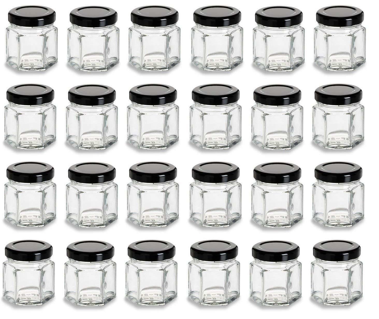 Nakpunar 24 Pcs 1.5 Oz Mini Hexagon Glass Jars With Black Plastisol Lined Lids