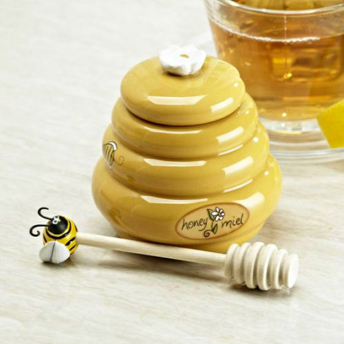 Mini Honey Pot Ceramic Jar & Wood Dipper Joie Msc Beehive With Bee