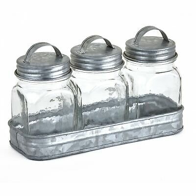 Glass Canisters in Galvanized Tray - Farmhouse Spice Container Set of 3